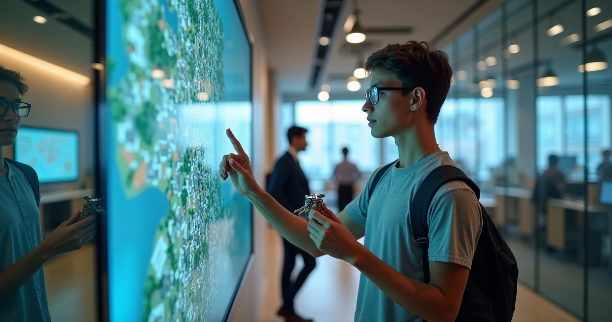 Jovem estudante olha imóveis em mapa virtual enquanto um corretor ao fundo mostra chaves 