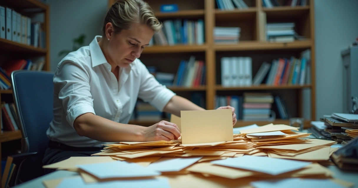 Pessoa organizando correspondências em escritório contábil 