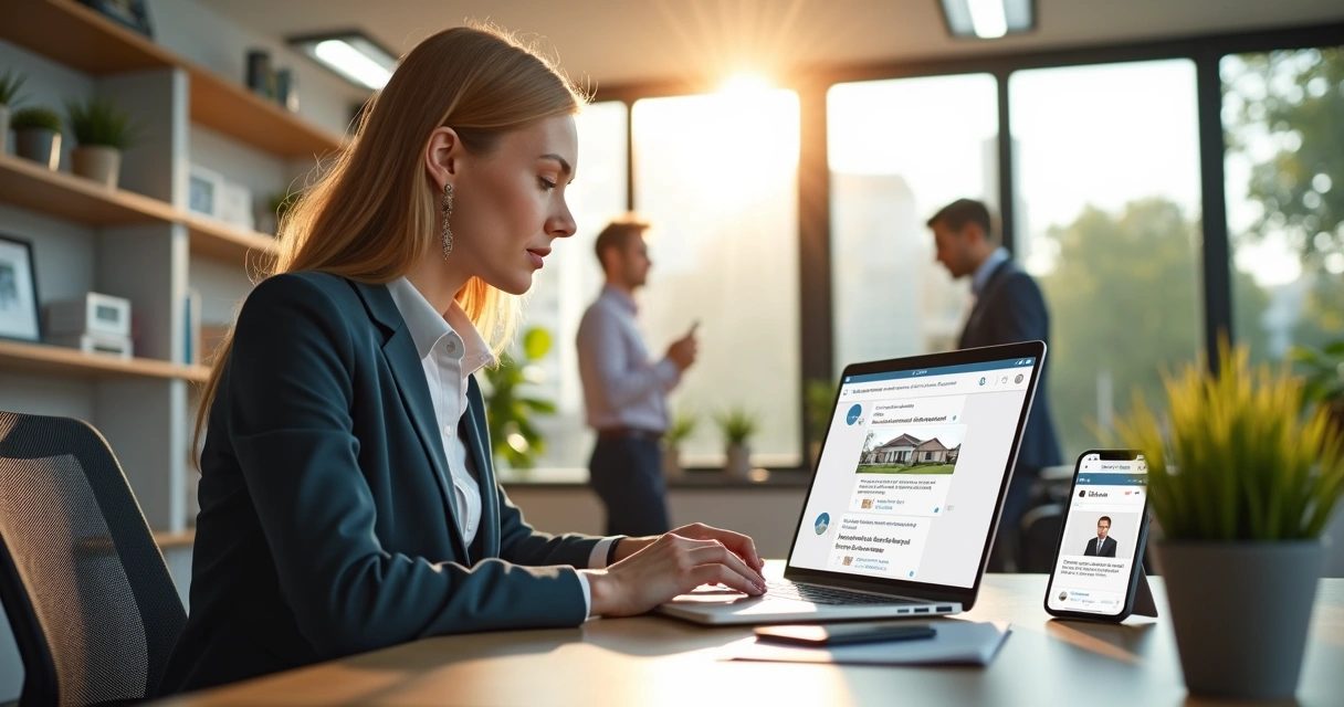 Corretor de imóveis interagindo com chatbot IA em seu computador 