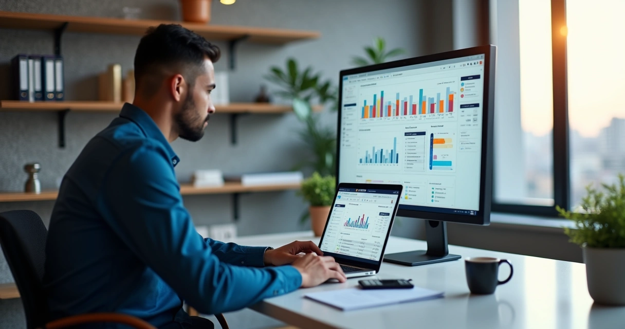 Corretor sentado usando notebook gerenciando leads em painel digital 