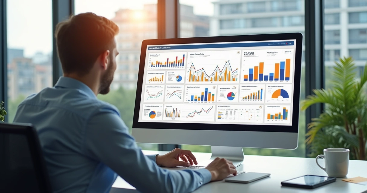 Corretor olhando gráficos de vendas em tela de computador 