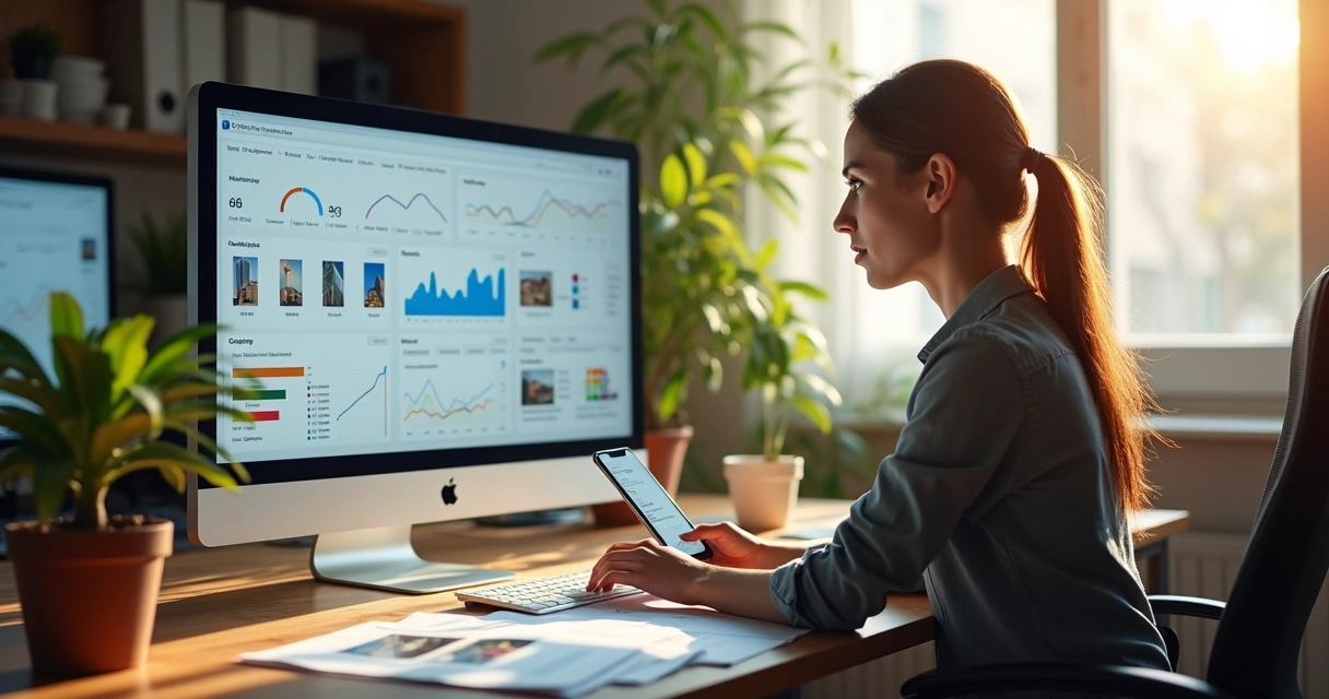 Corretor analisando painel de métricas imobiliárias em computador 