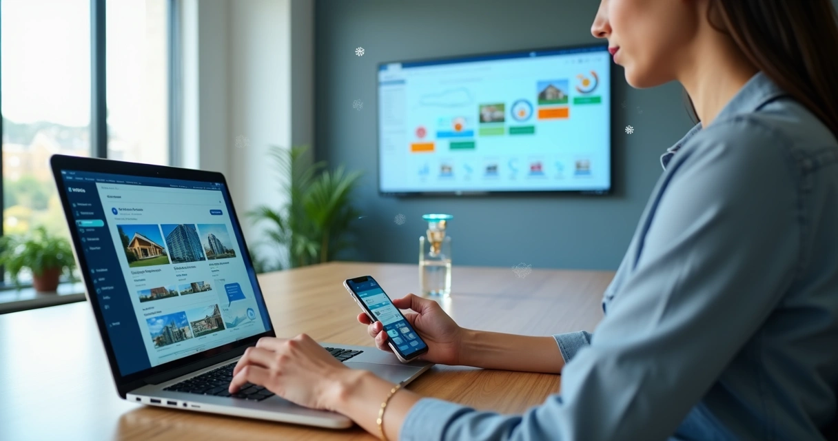 Corretor imobiliário gerenciando anúncios de imóveis em múltiplas plataformas online 