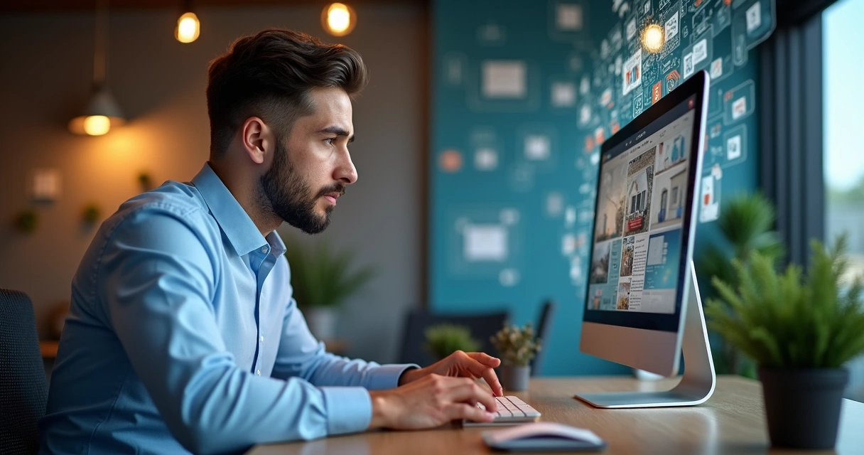 Corretor de imóveis usando computador para criar anúncio 