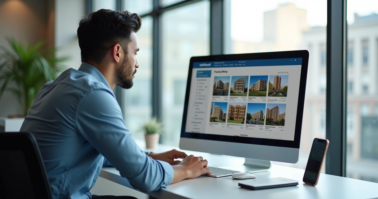 Corretor define anúncios online em notebook com imagens de imóveis 