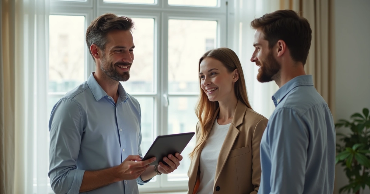 Corretor mostrando apartamento com tablet na mão