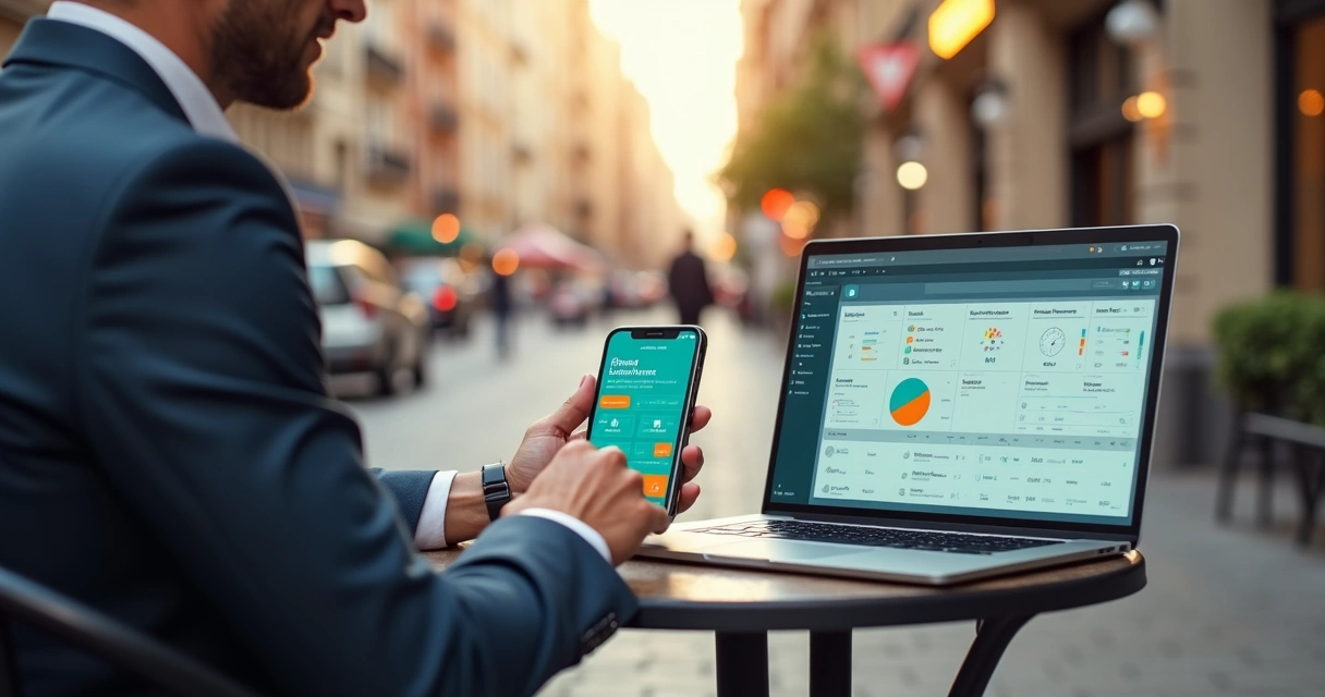 Corretor de imóveis em estação móvel com smartphone e laptop exibindo opções de app nativo e painel web 