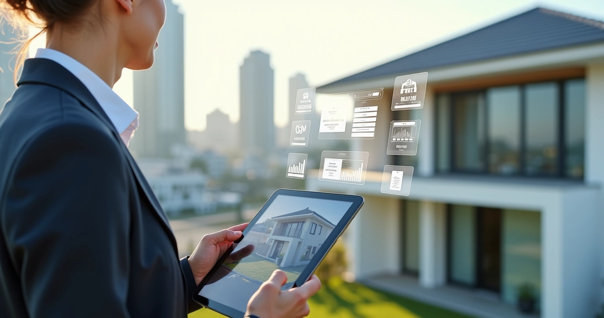 Corretor de imóveis usando tablet para apresentar casa moderna com tour virtual, ambiente urbano e gráficos digitais no fundo 