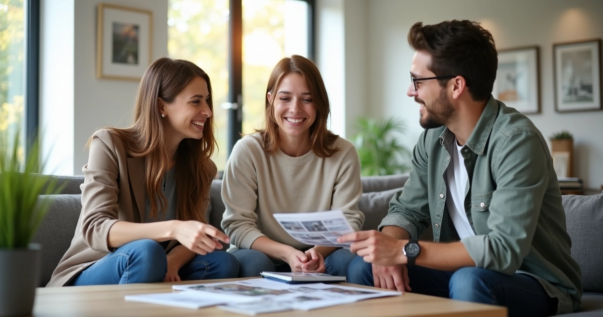 Corretor mostrando imóvel para casal em ambiente moderno 