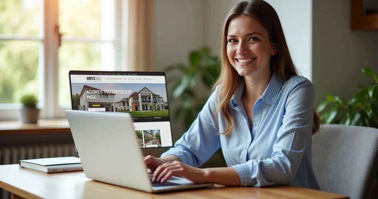 Corretor de imóveis apresentando site imobiliário em notebook 