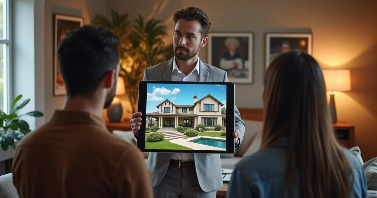 Corretor mostrando imóvel virtual com tablet para clientes