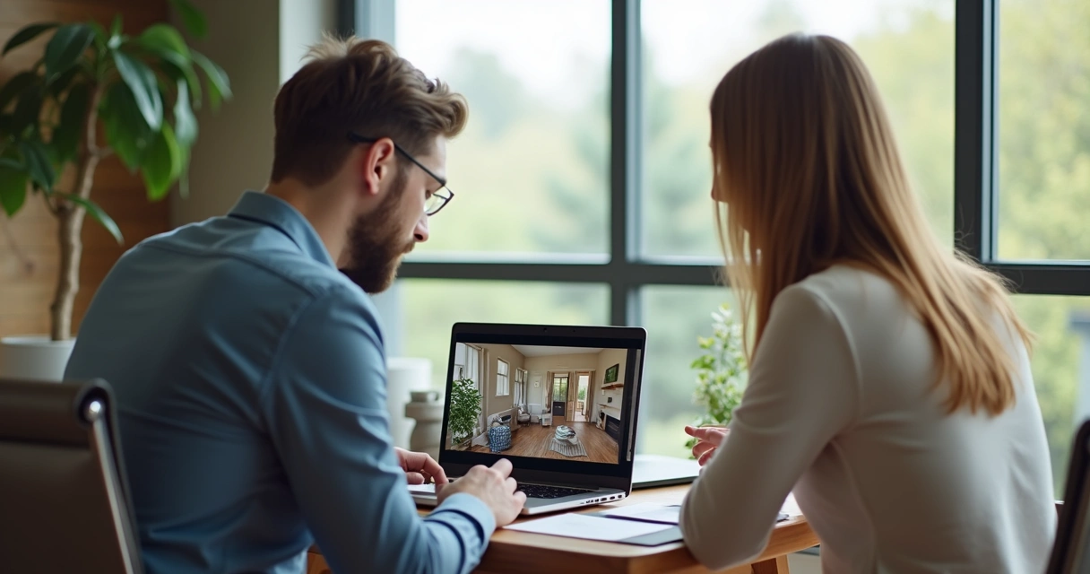 Corretor de imóveis mostrando tour virtual de apartamento em notebook para casal 