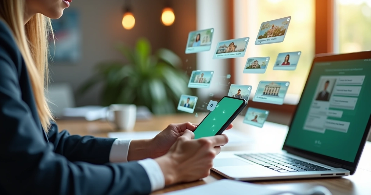 Corretor usando smartphone para atendimento personalizado via WhatsApp com gráficos e contatos ao fundo 
