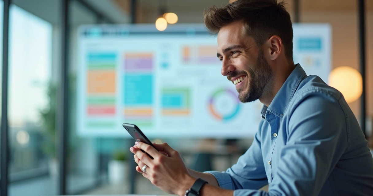 Corretor imobiliário jovem atendendo cliente pelo celular, interface de CRM aberta ao fundo 