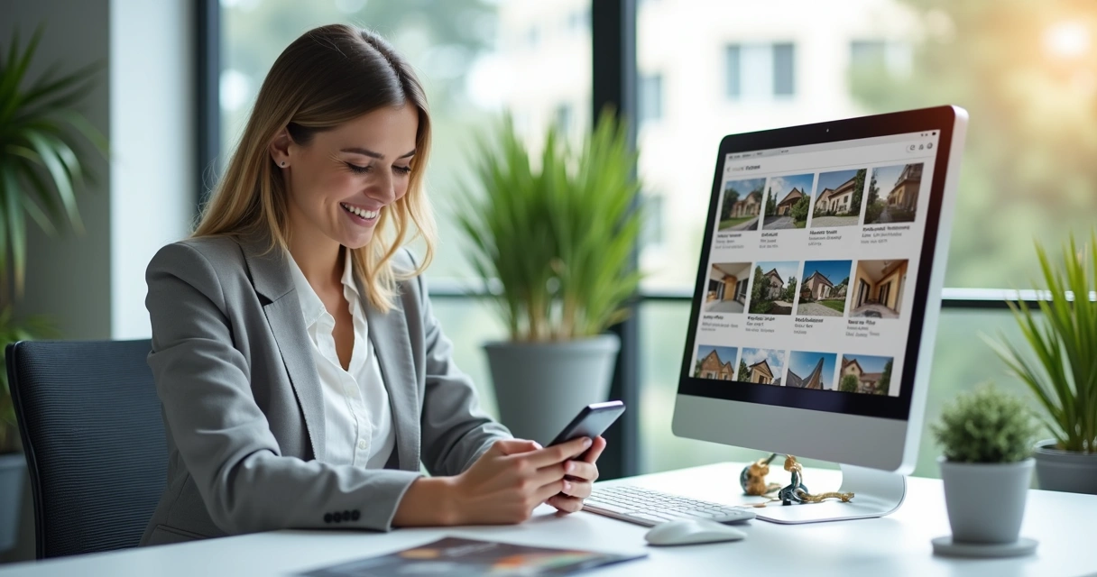 Corretor de imóveis atendendo cliente pelo WhatsApp no escritório