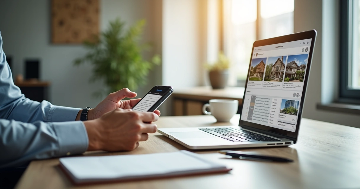 Corretor atendendo leads pelo celular e notebook em escritório