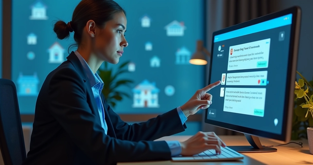Corretor atendendo cliente com chatbot digital em tela grande