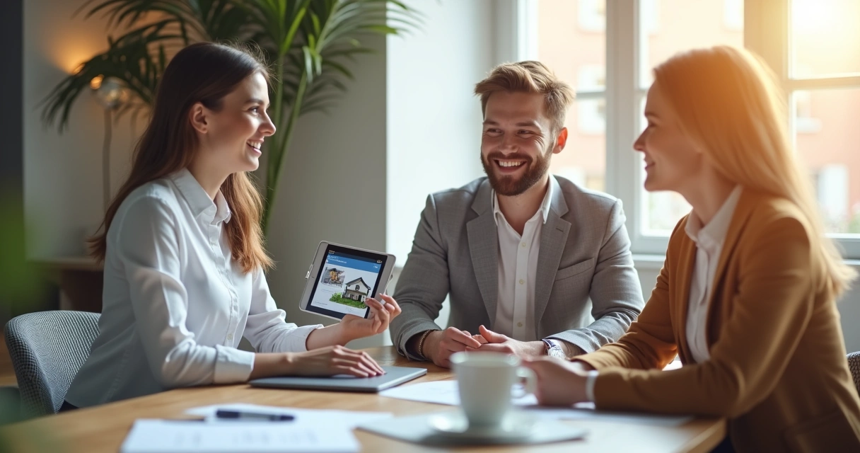 Corretor autônomo conversando com casal interessado em imóvel 