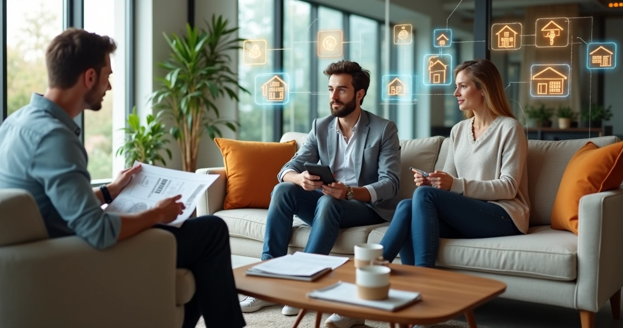 Corretor de imóveis conversando com casal em sala enquanto telas mostram automação ao fundo 