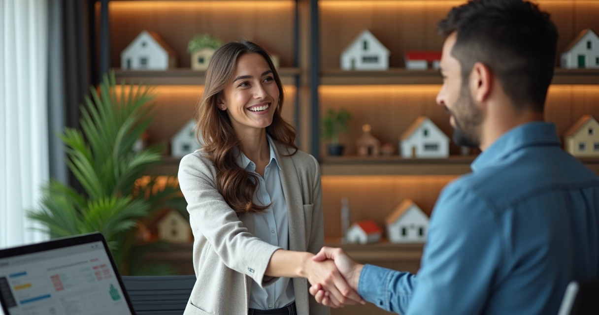 Corretor imobiliário conversando sorridente com cliente em escritório 
