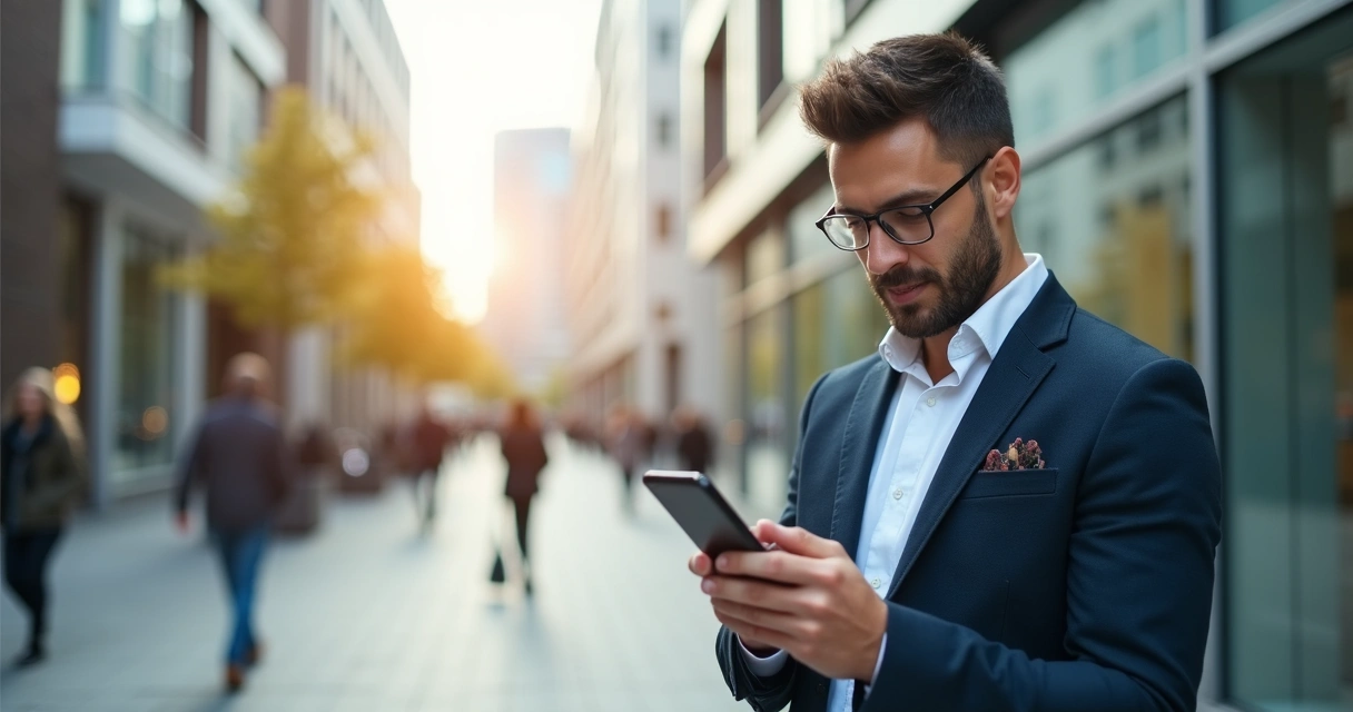 Corretor utilizando aplicativo em smartphone na rua 
