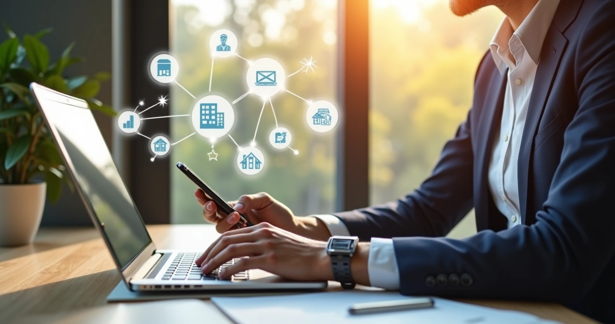 Corretor de imóveis atendendo no computador com ilustrações de leads digitais 