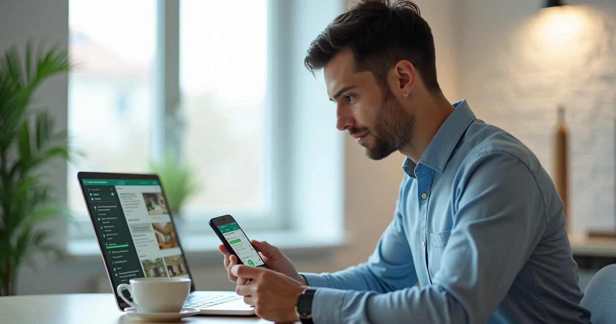 Corretor imobiliário usando smartphone para atendimento via WhatsApp em ambiente de escritório moderno 
