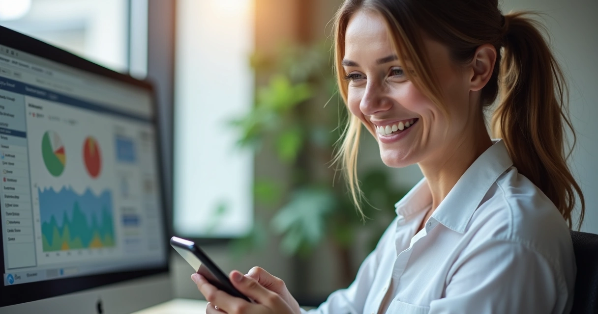 Corretor de imóveis usando app de CRM no celular em ambiente moderno 