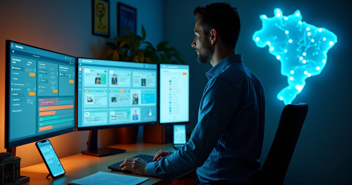 Corretor autônomo usando painel de CRM diante de mapa do Brasil 