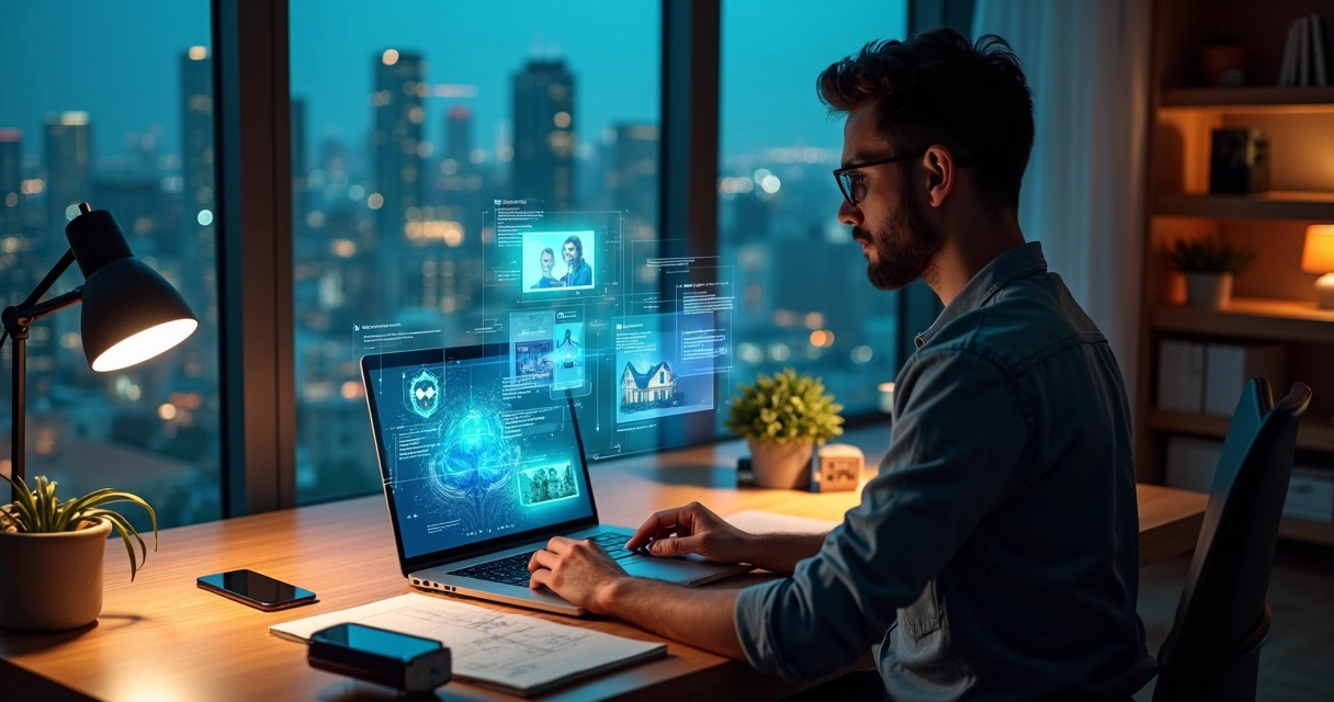 Corretor autônomo de imóveis usando diversas ferramentas de IA em home office moderno 