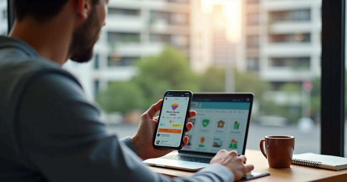 Corretor autônomo analisando funil de vendas imobiliário no smartphone 