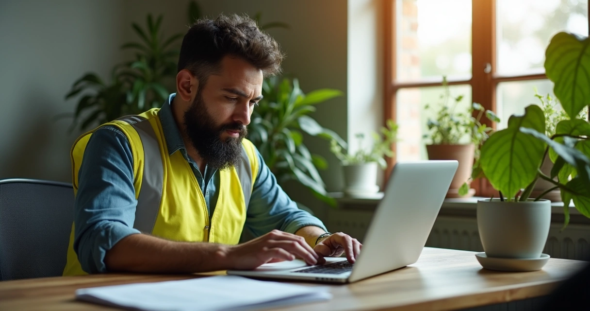 Corretor de imóveis analisando plantas de loteamento sobre mesa de trabalho com documentos e laptop 