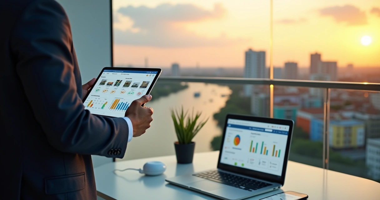 Corretor de imóveis em Belém usando tablet com prédios modernos e rios ao fundo 