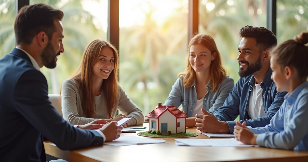 Corretor imobiliário brasileiro orientando família sobre compra de casa em Orlando, com maquete de imóvel na mesa 