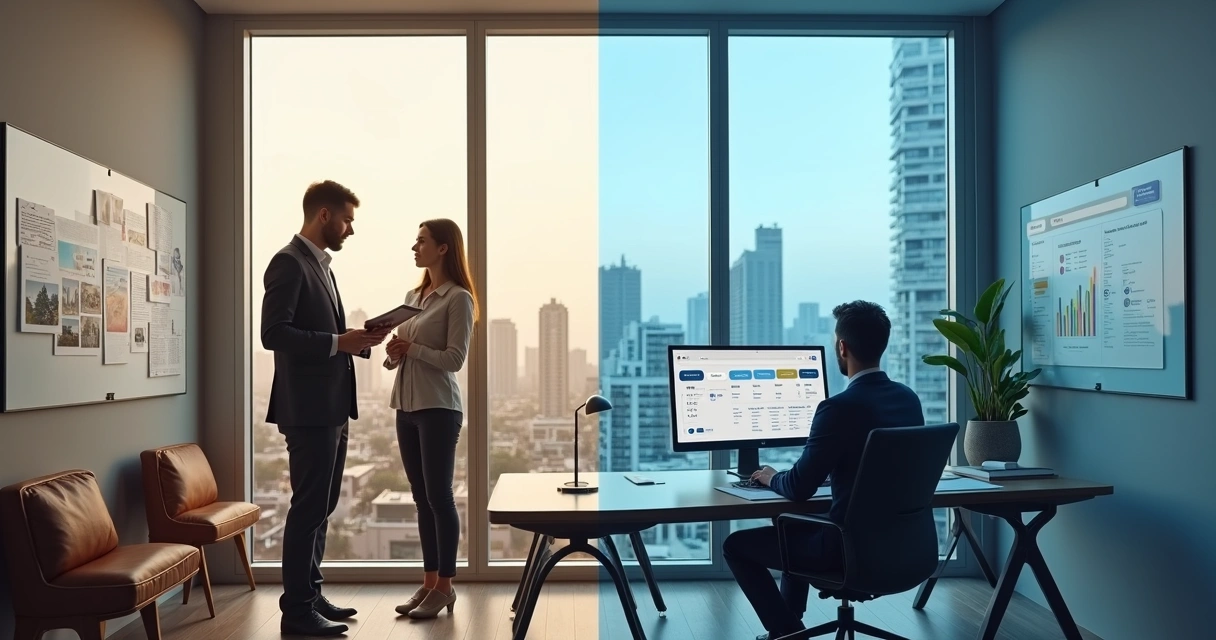 Corretor imobiliário em escritório dividindo atenção entre captação ativa e atendimento de leads na tela do computador 