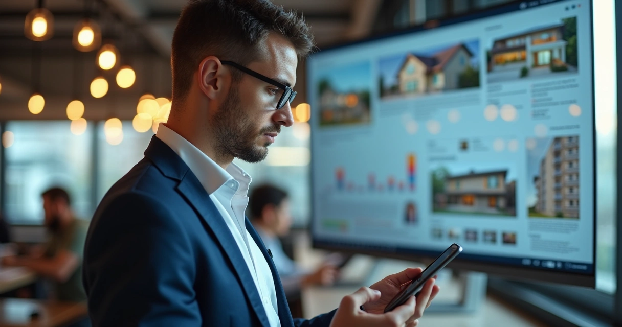 Corretor usando smartphone para captar leads em plataforma digital de imóveis 