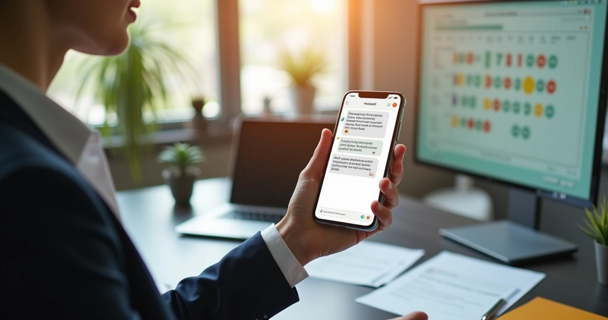Corretor usando smartphone com chatbot para agendar visita imobiliária no WhatsApp 