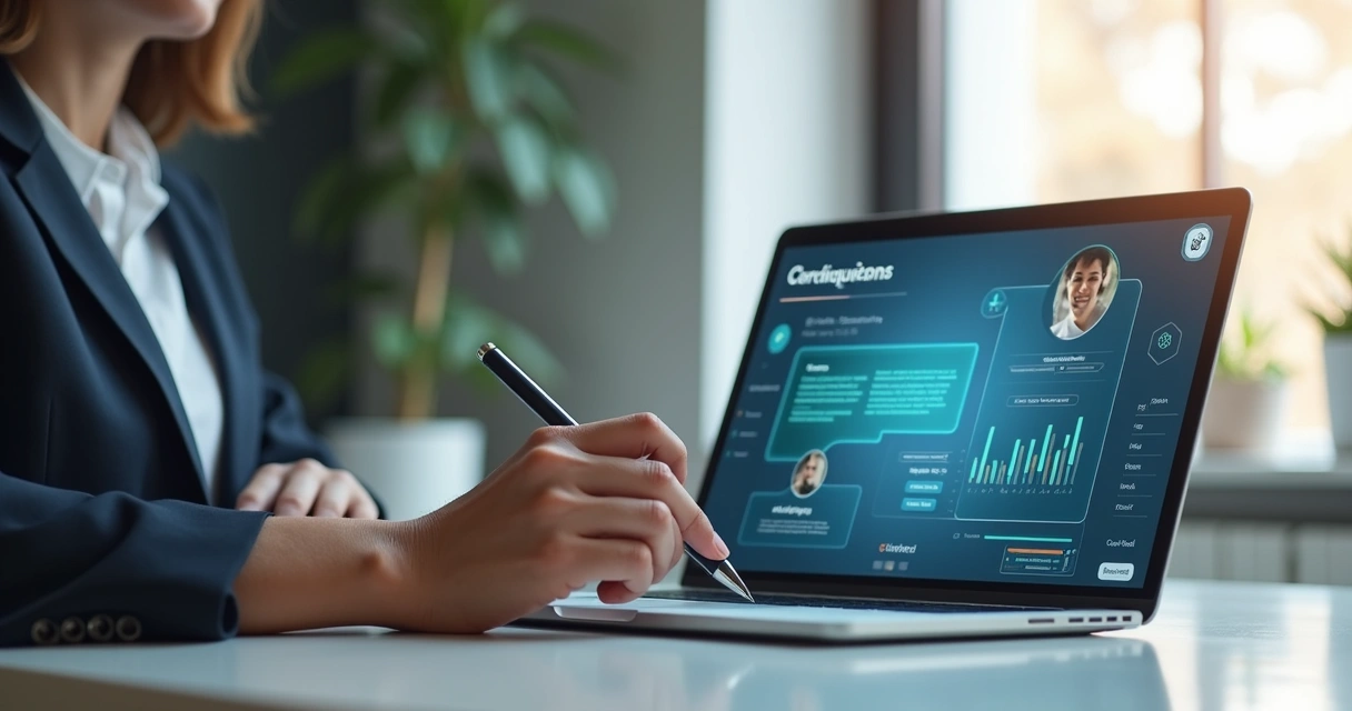 Corretor imobiliário configurando chatbot em laptop 