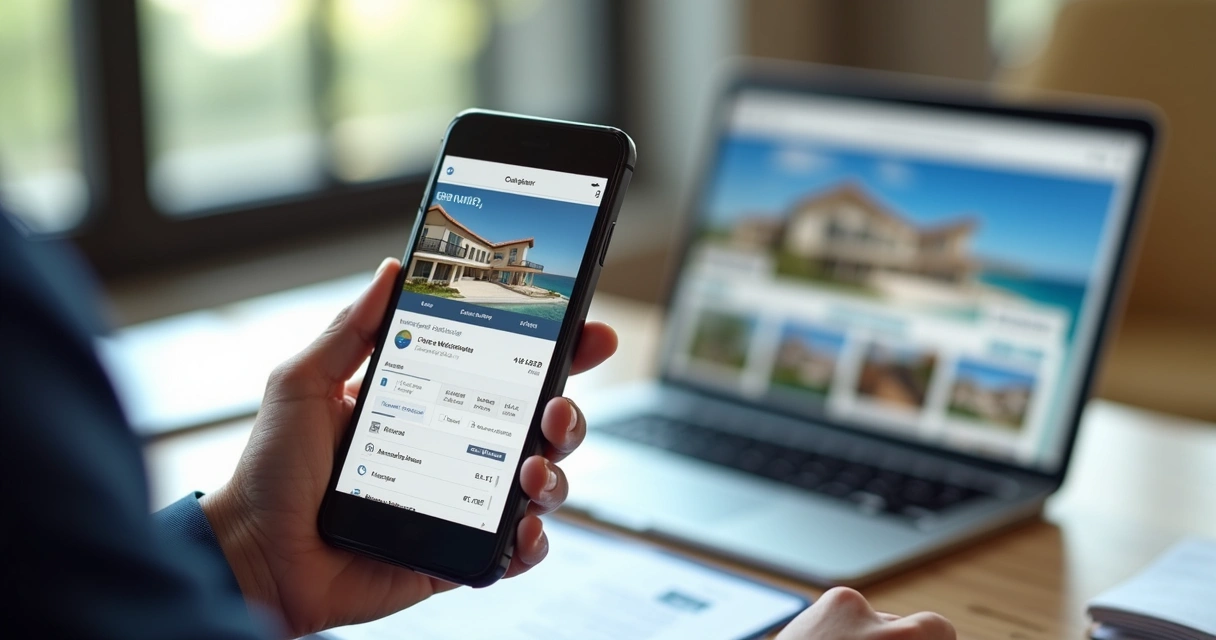 Corretor de imóveis usando aplicativo de CRM no celular, perto de um computador com site de portal aberto 