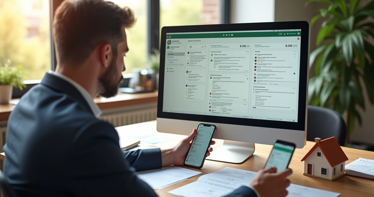 Corretor de imóveis diante do computador recebendo notificações automáticas 