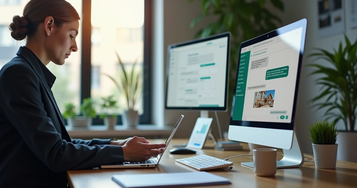Corretor imobiliário usando computador e celular para se comunicar com clientes