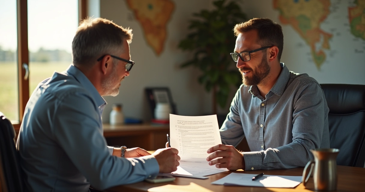 Corretor mostrando contrato ao produtor rural em escritório 