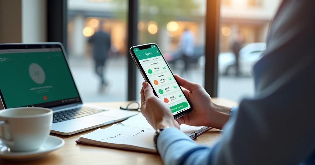 Corretor segurando smartphone exibindo comparativo de seguros na tela 