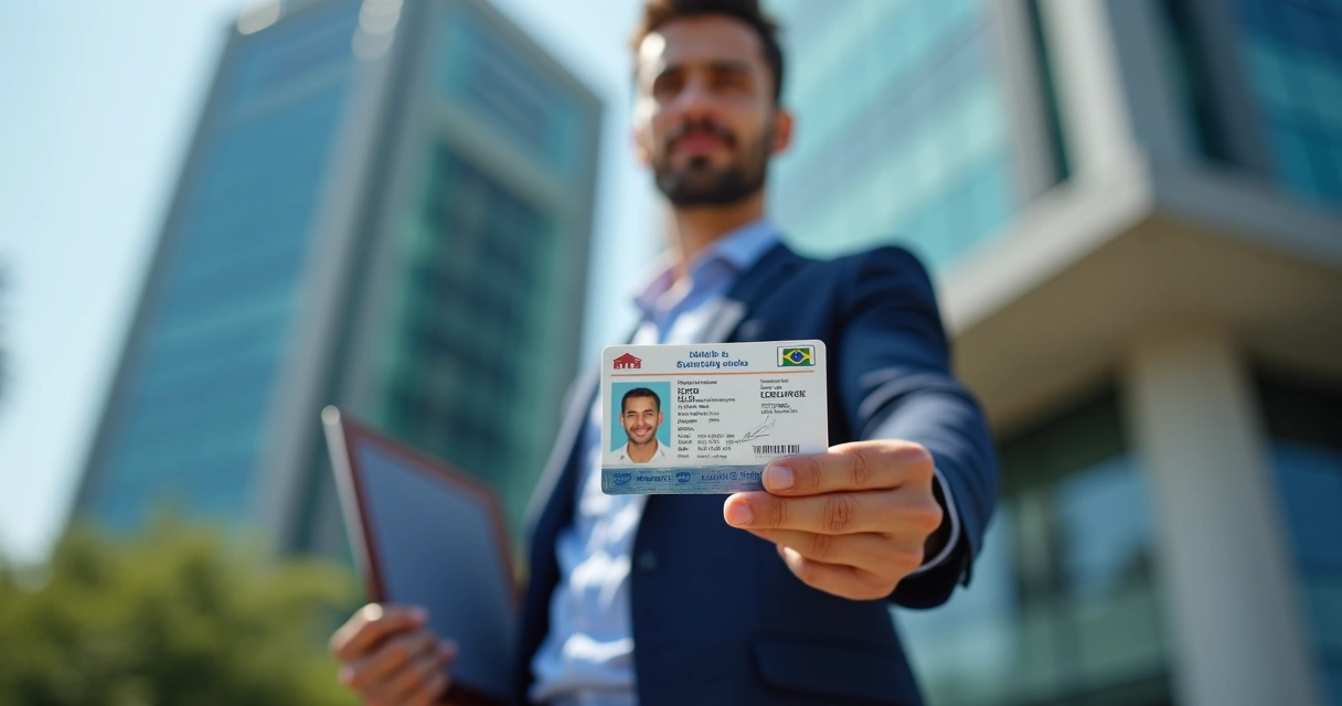 Corretor segurando carteira profissional com CRECI à frente de prédio comercial 