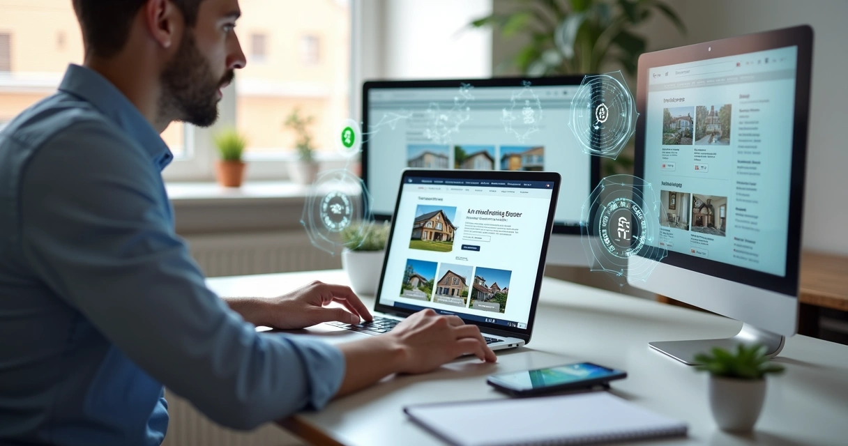 Corretor de imóveis criando site no notebook com interface de IA e anúncios de imóveis na tela 