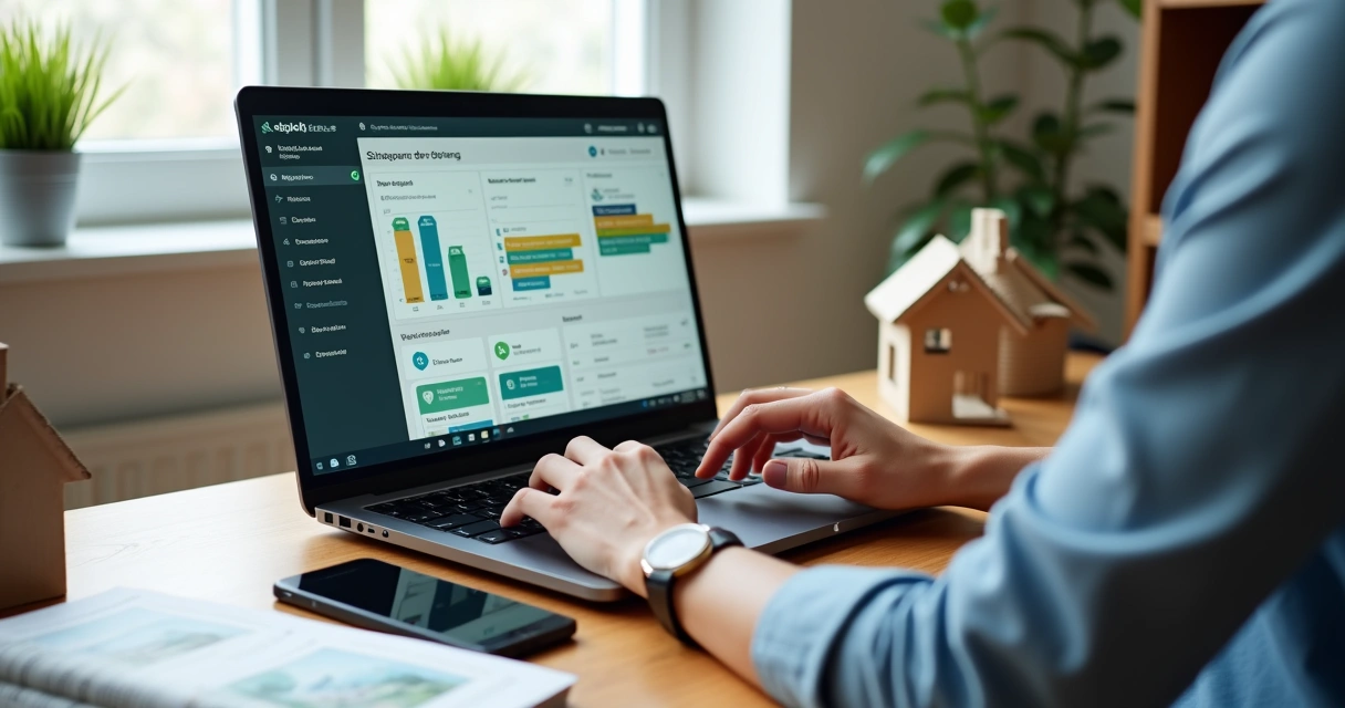 Corretor de imóveis usando notebook simples com painel de CRM em ambiente de trabalho enxuto 