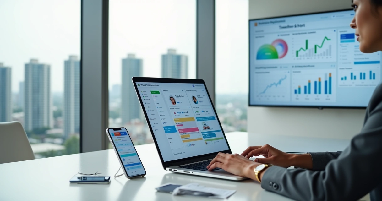 Corretor de imóveis usando CRM em laptop para gerenciar leads imobiliários 