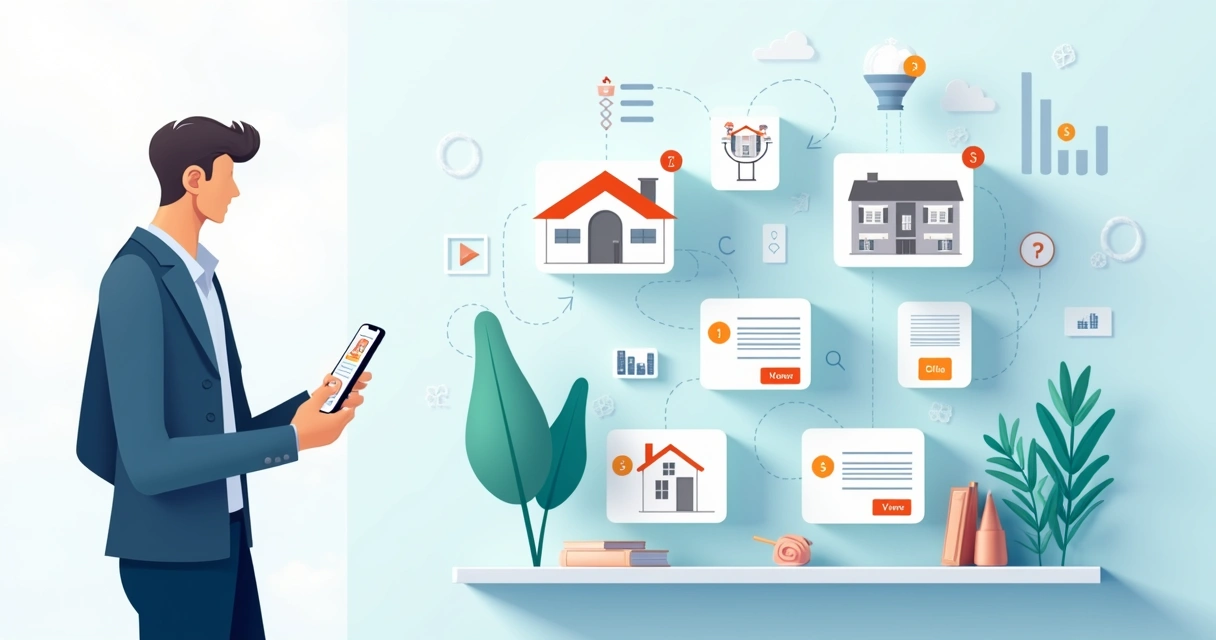 Corretor imobiliário usando CRM no celular diante de prateleiras de imóveis digitais 