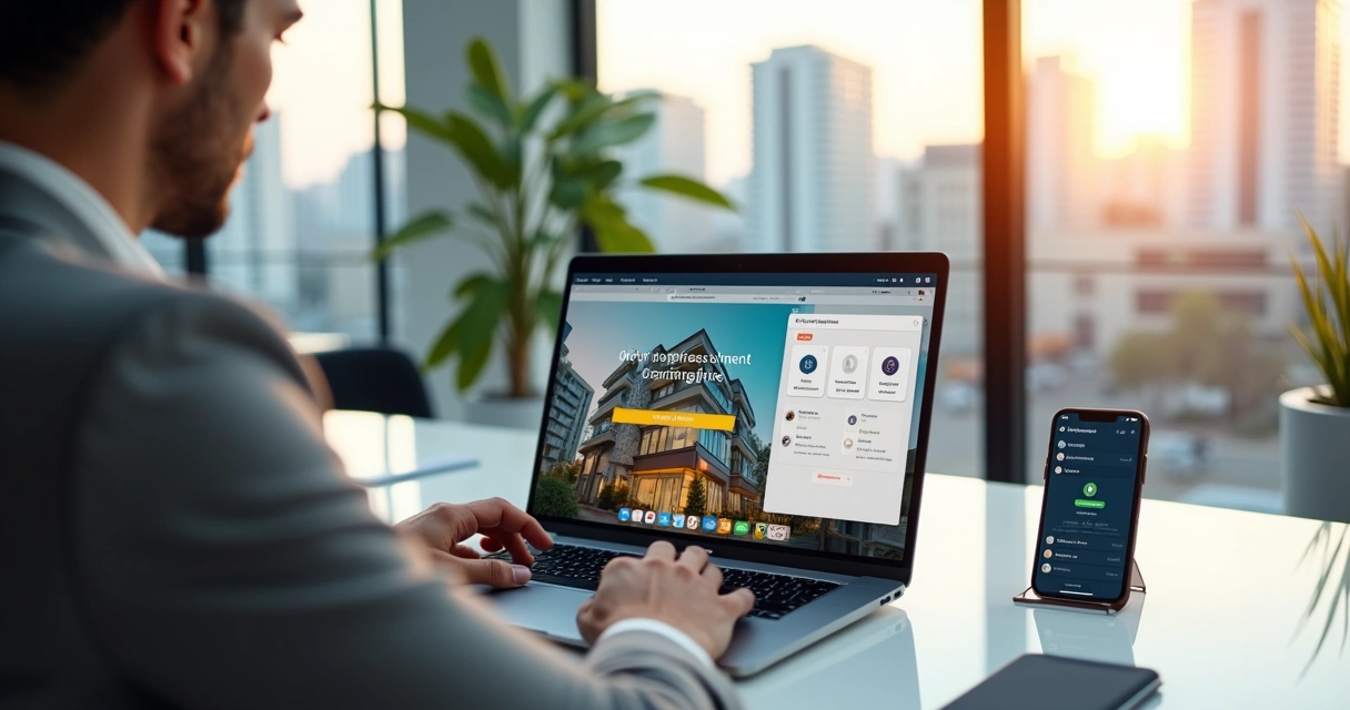 Corretor de imóveis analisando site integrado ao CRM no notebook e celular 