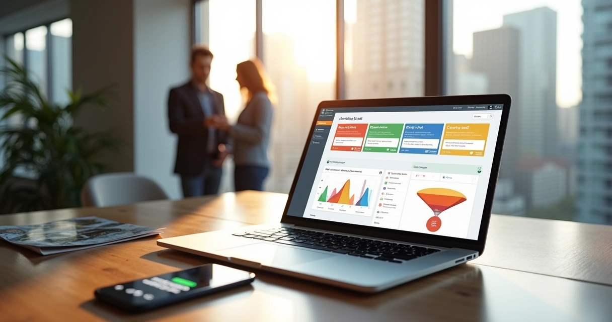 Corretor imobiliário atualizando funil de vendas em CRM após visita com casal de clientes 